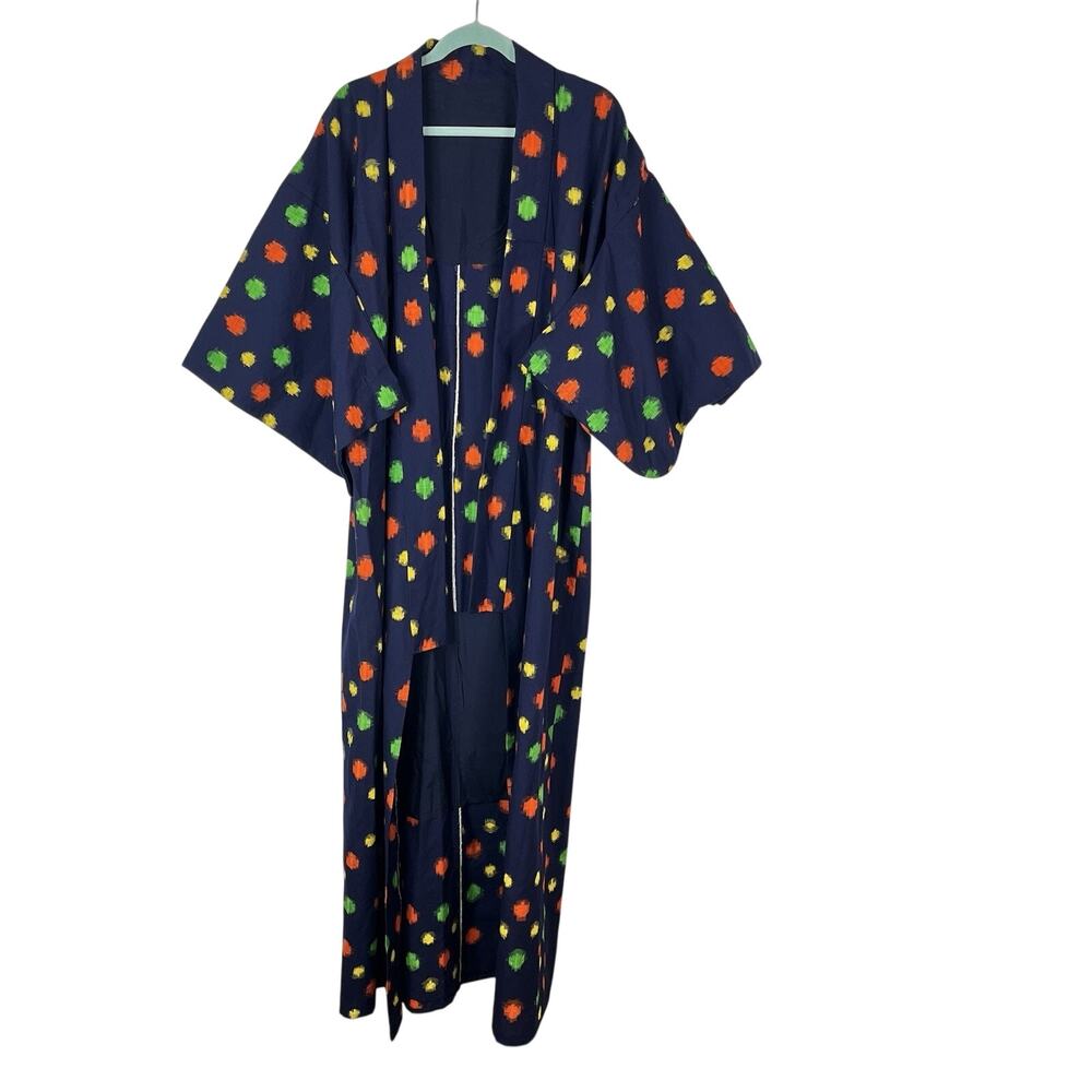 Vintage Japanese Kimono Navy Ikat Dot Robe Long Cotton Yukata Boho Japan